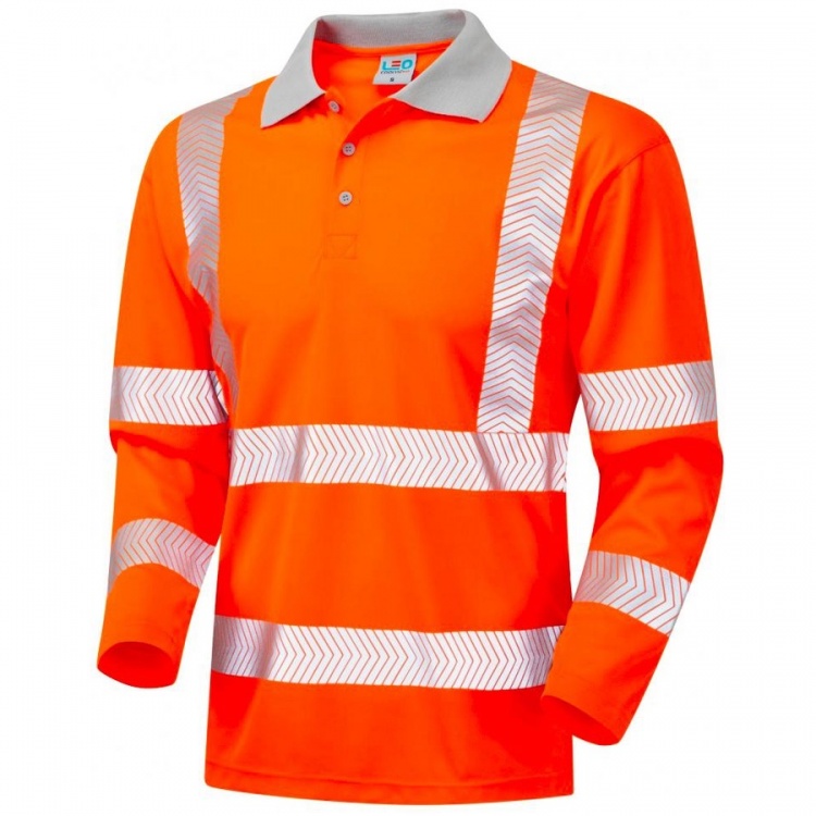 Leo Workwear P08-O Barricane EcoViz Coolviz Plus Class 3 Long Sleeve Hi Vis Polo Shirt Orange
