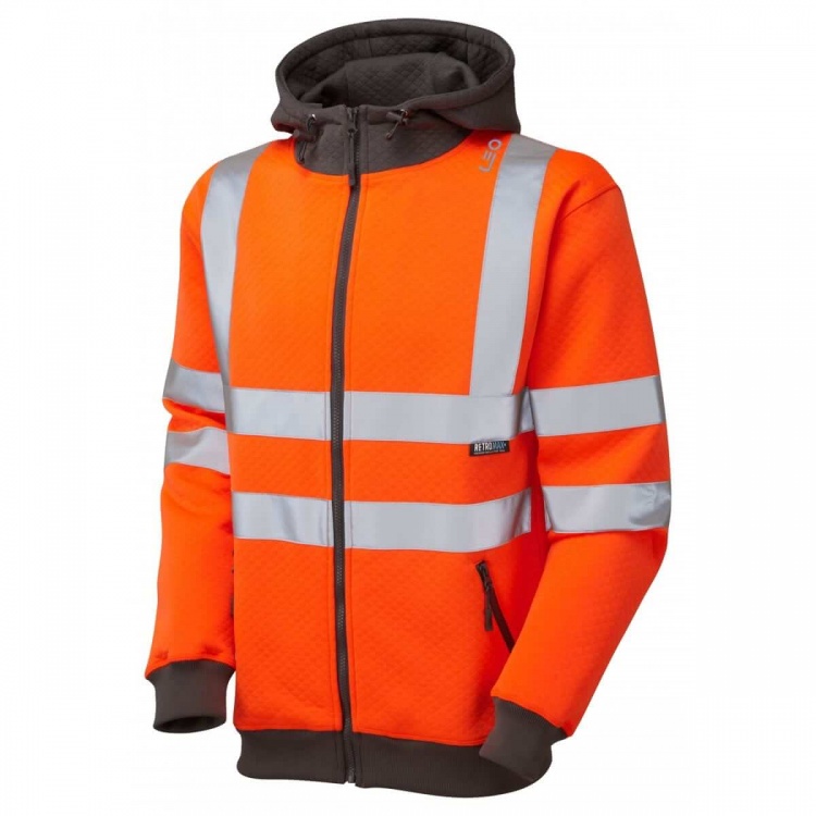 Leo Workwear SS02-O SauntonFull ZipEcoViz Hi Vis RIS-3279-TOM Hoodie Sweatshirt Orange