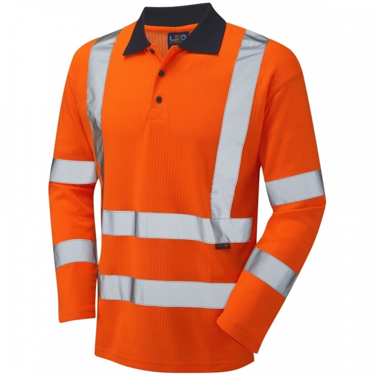 Leo Workwear P05-O Swimbridge ISO 20471 Class 3 Comfort EcoVizPB Sleeved Polo Shirt RIS-3279-TOM Orange