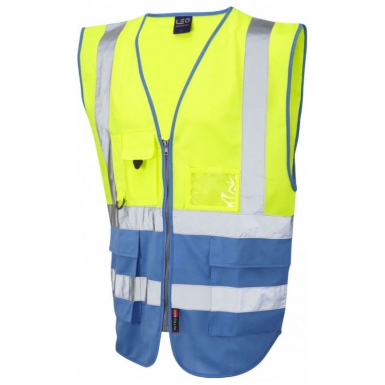 Leo Workwear W11-Y/DS Lynton Hi Vis Superior Vest Yellow / Deep Sky Blue