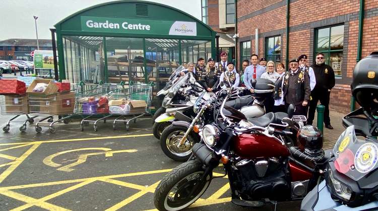 British Legion Riders motorbike group presents trolley loads of gifts to Coalville Morrisons as part of Christmas appeal