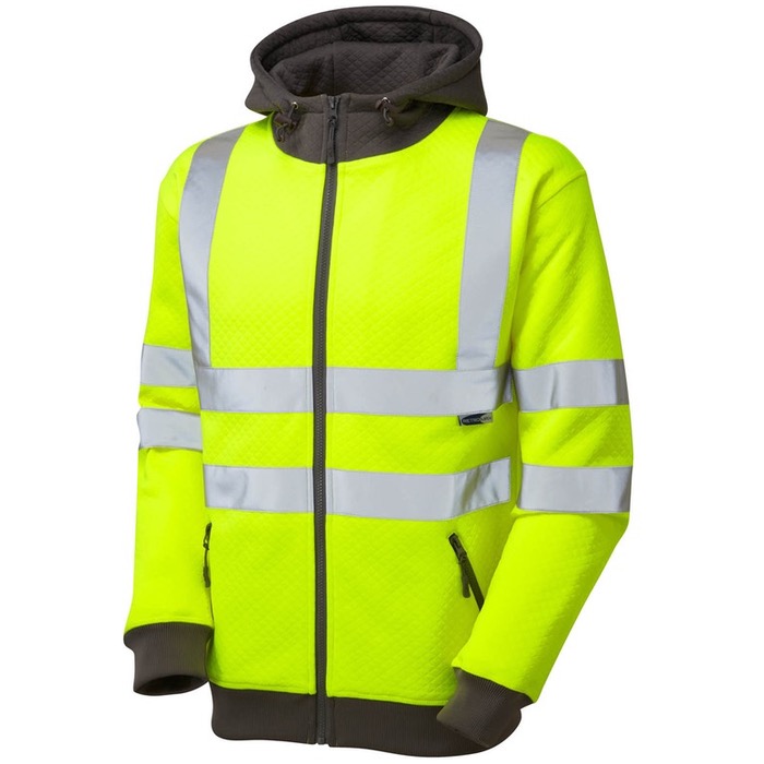 Leo Workwear SS02-Y Saunton Hi Vis Full Zip Hoodie Sweatshirt Yellow ISO 20471 Class 3