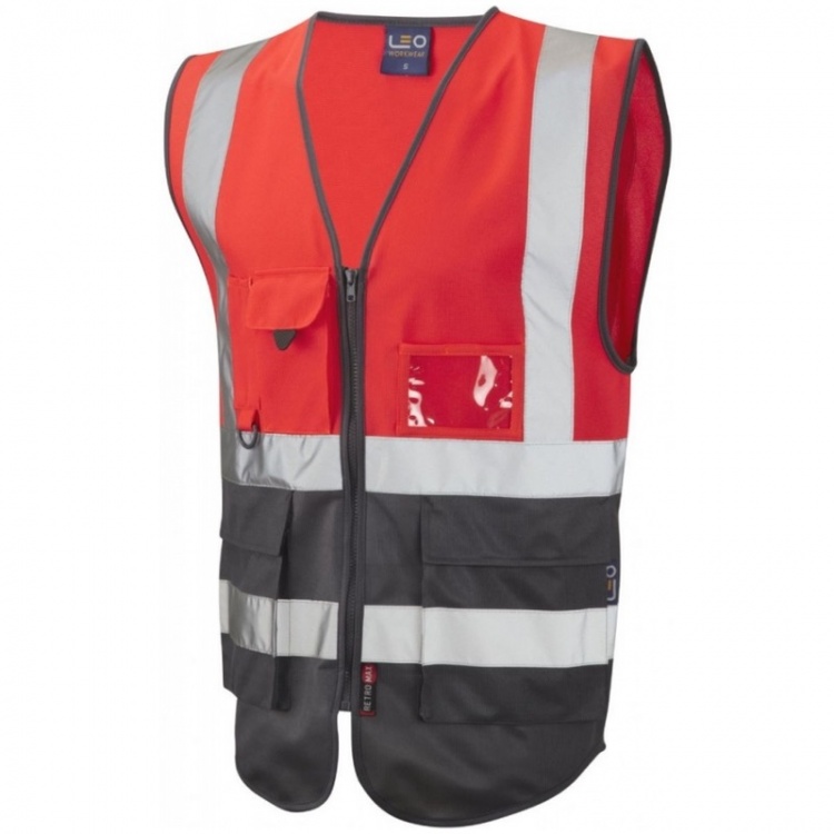 Leo Workwear W11-R/GY Lynton Hi Vis Superior Vest Flame Red / Grey