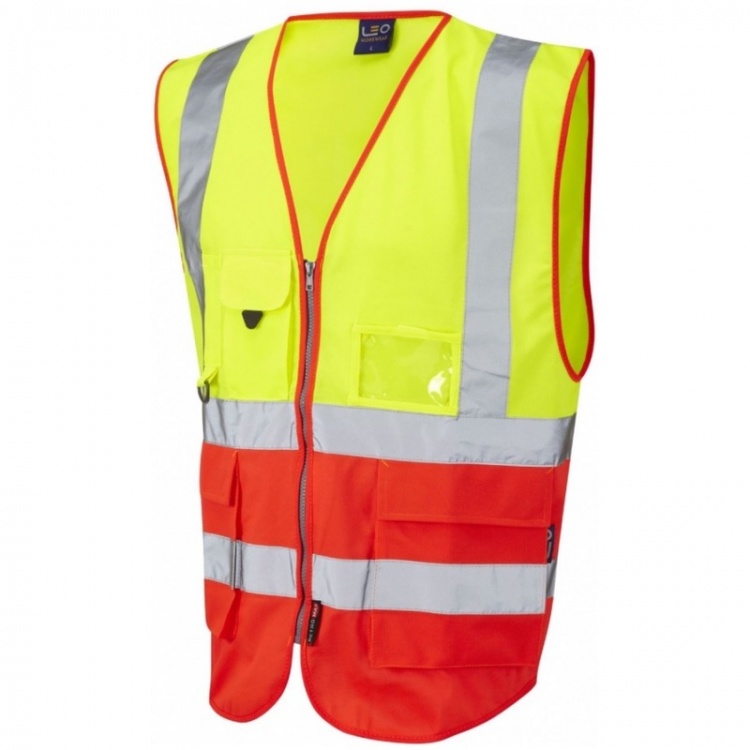 Leo Workwear W11-Y/R Lynton Hi Vis Superior Waistcoat Yellow / Flame Red