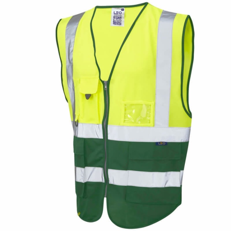 Leo Workwear W11-Y/BT Lynton Hi Vis Superior Vest Yellow / Bottle Green