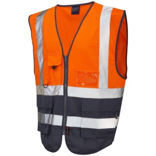 Leo Workwear W11-O/NV Lynton Hi Vis Superior Vest Orange / Navy