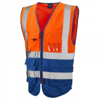 Leo Workwear W11-O/RO Lynton Hi Vis Superior Vest Orange / Royal Blue