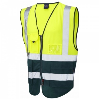 Leo Workwear W11-Y/BT Lynton Hi Vis Superior Vest Yellow / Bottle Green