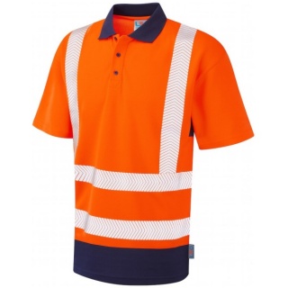 Leo Workwear P11-O/NV Mortehoe Dual Colour EcoViz Coolviz Plus Hi Vis Polo Shirt Orange / Navy