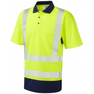 Leo Workwear P11-Y/NV Mortehoe Dual Colour EcoViz Coolviz Plus Hi Vis Polo Shirt Yellow / Navy