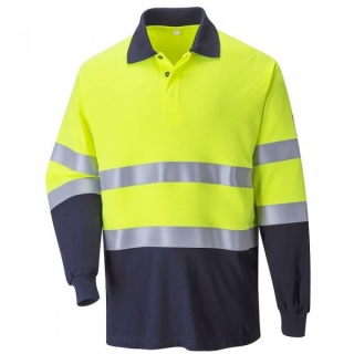Portwest FR74 Flame Resistant Anti Static Hi Vis Two Tone Long Sleeve Polo Shirt 210g